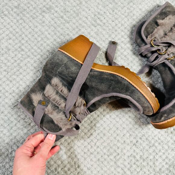MARC JACOBS Gray Faux Fur Sherpa Clog Ankle Boot Furry Winter Laceup Snow Heel - Picture 4 of 5